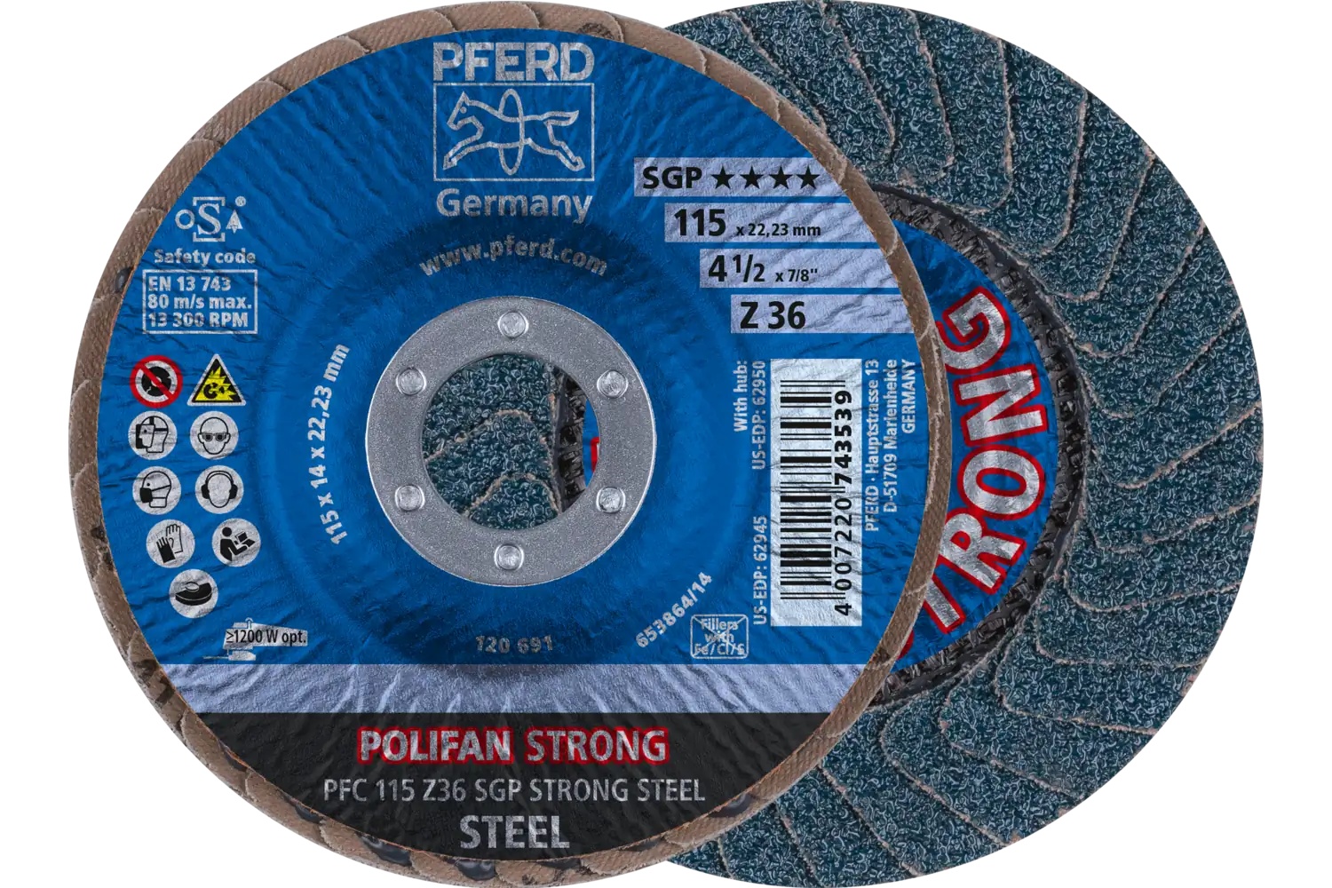 Picture of Pferd Flap Disc, 4-1/2" x 7/8, Z SGP Strong Steel, 36 Grit, T29, Conical, Zirconia